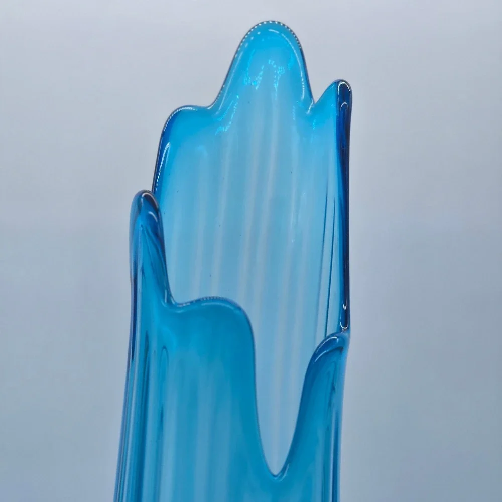 Vintage MCM‎ LE Smith Crystal Blue Swung Glass Ribbed Floor Vase 18 Inch